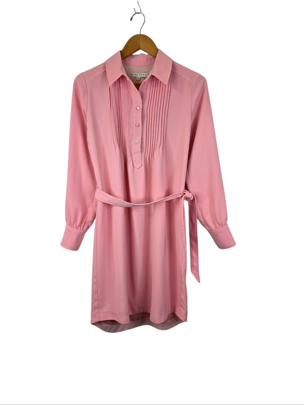 Trina Turka Women's XS Light Pink Pleated Button-Down Shirt Dress Puff Sleeves